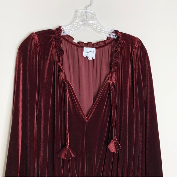 MISA Lorena Velvet Mini Dress (Sz L) V-Neck Long Sleeve Tassels Wine - Picture 3 of 11